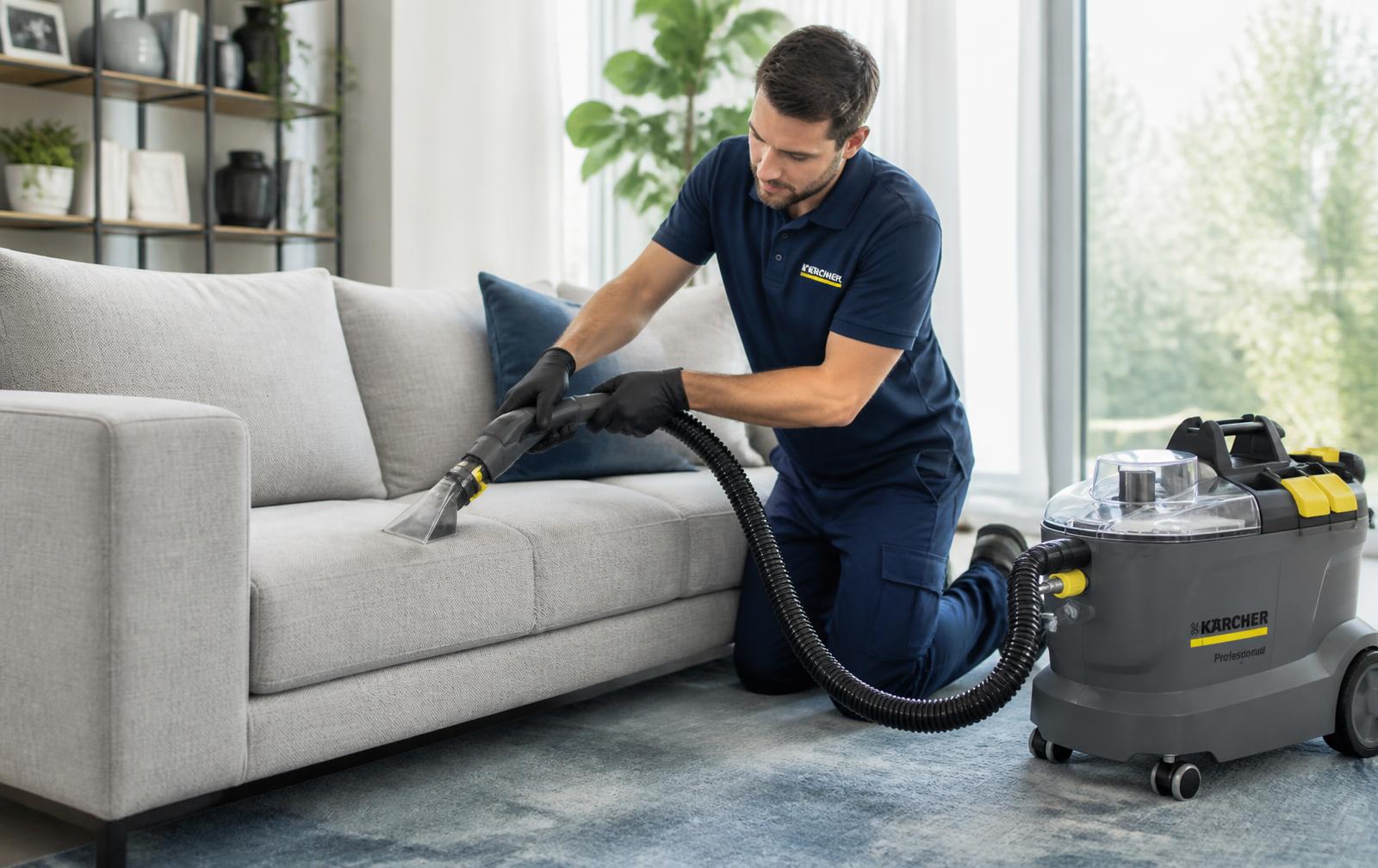 Técnico profesional limpiando un sofá moderno con maquinaria Kärcher